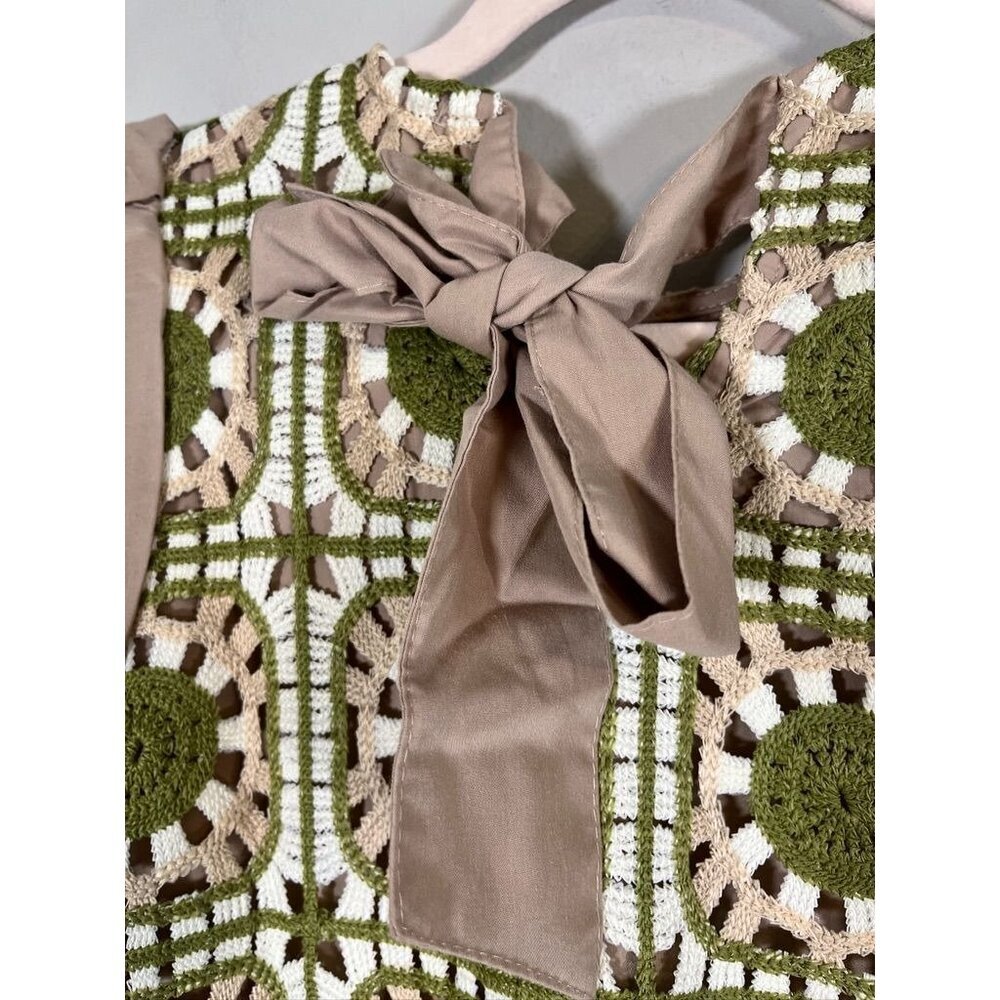 Retro Quilt Patchwork Crochet Dress Tan XL Boho Indie Folk Preppy Neutral 80s - Picture 8 of 11
